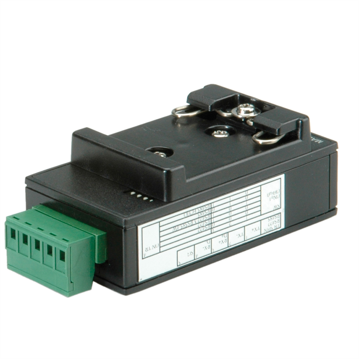 Eine schwarze elektronische Komponente mit grünen Anschlüssen und weißen Etiketten.
