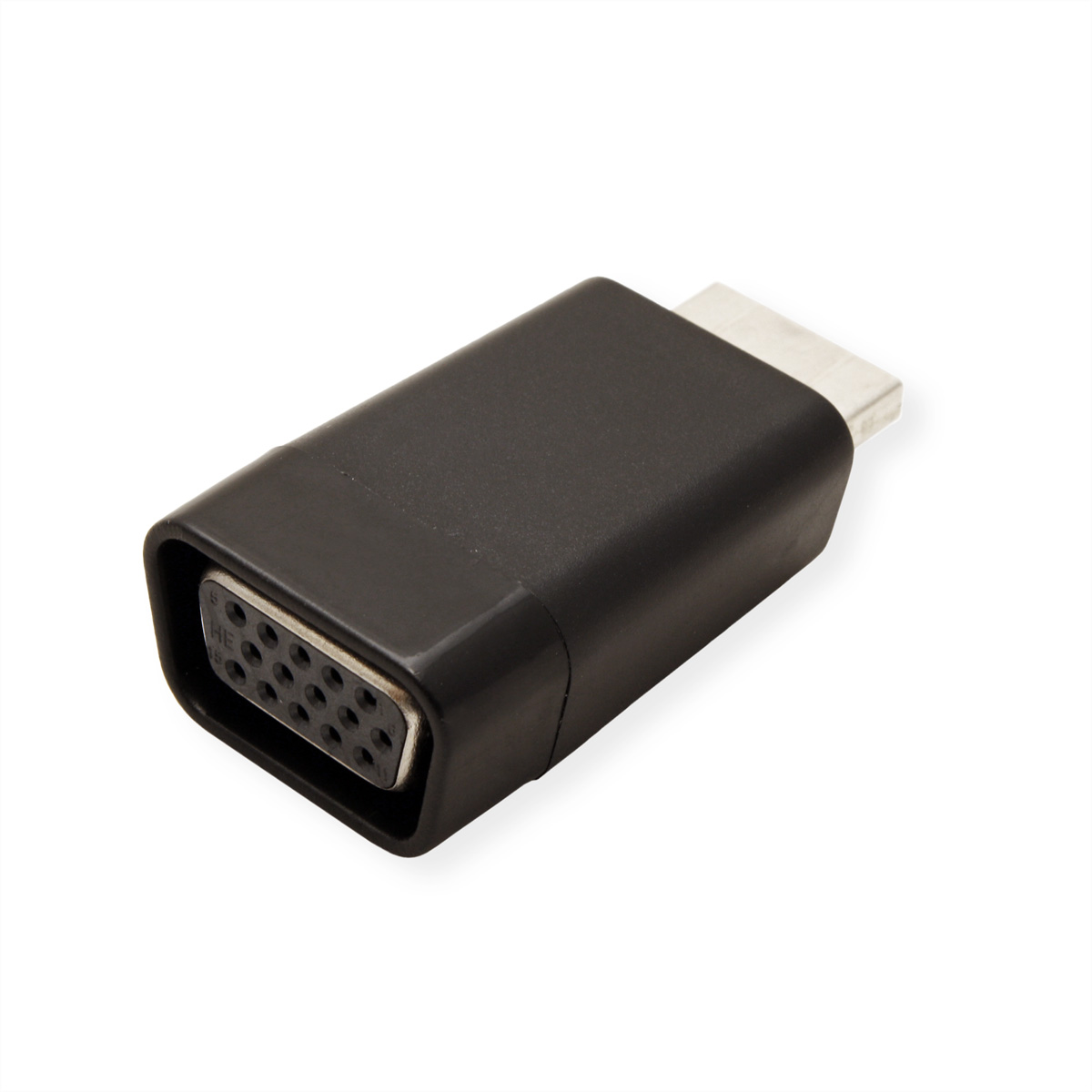 Ein schwarzer VGA-zu-HDMI-Adapter. Das VGA-Ende hat Stifte, das HDMI-Ende ist glatt. Weißer Hintergrund.