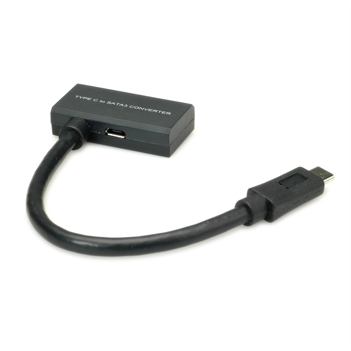 Adaptateur USB-C vers SATA noir avec câble courbé, isolé sur fond blanc.