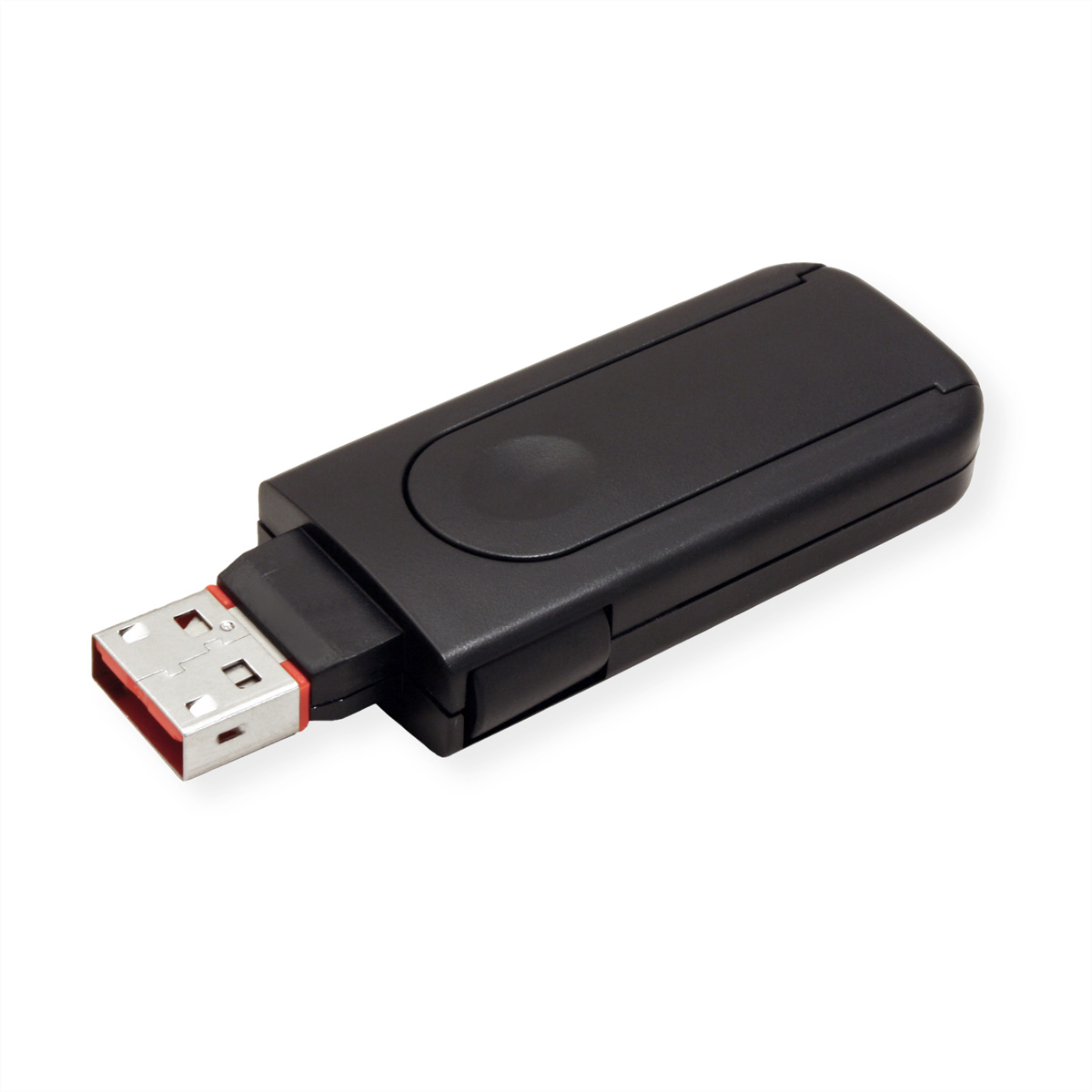 Schwarzer USB-Stick auf weißem Hintergrund.