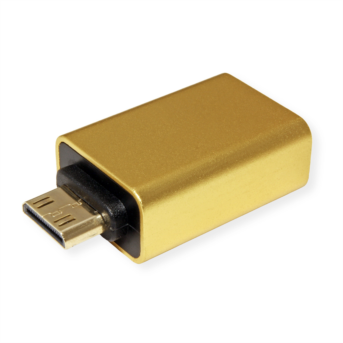 Goldfarbener Adapter mit Micro-USB und Metallstecker. Weißer Hintergrund.