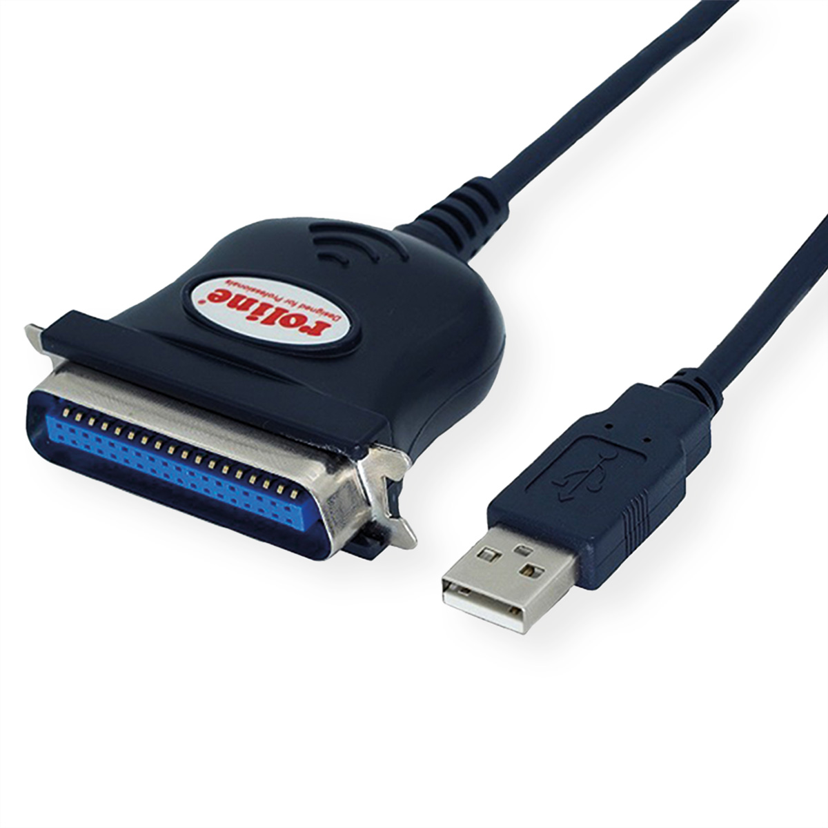 Ein schwarzes Druckerkabel mit einem USB-A-Anschluss und einem großen Parallelport-Anschluss.