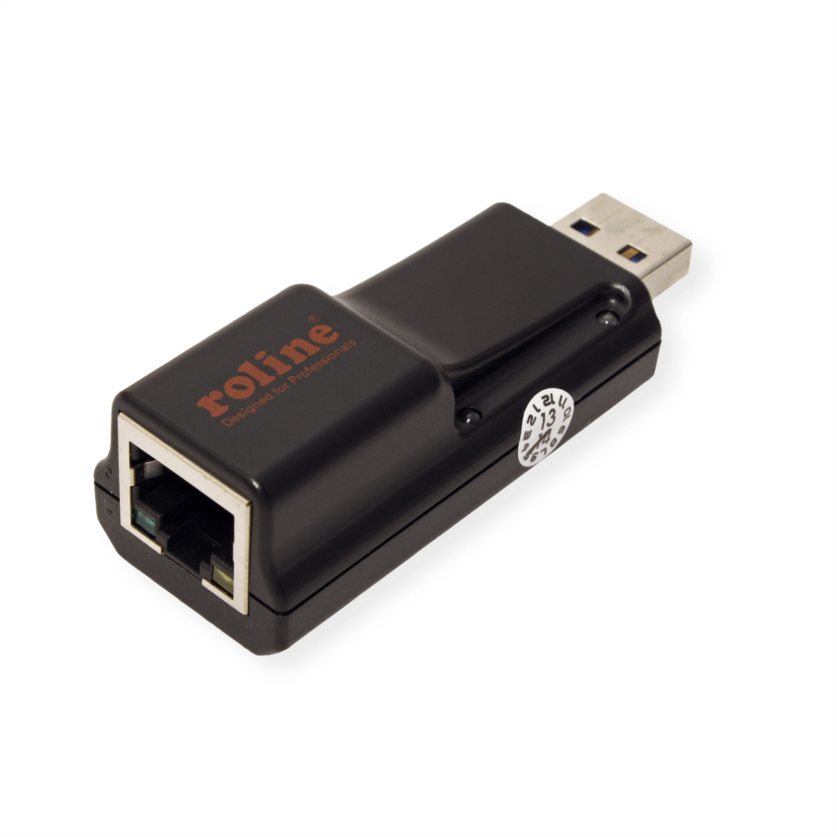 Un adaptateur USB vers Ethernet noir avec une étiquette Roline, sur fond blanc.