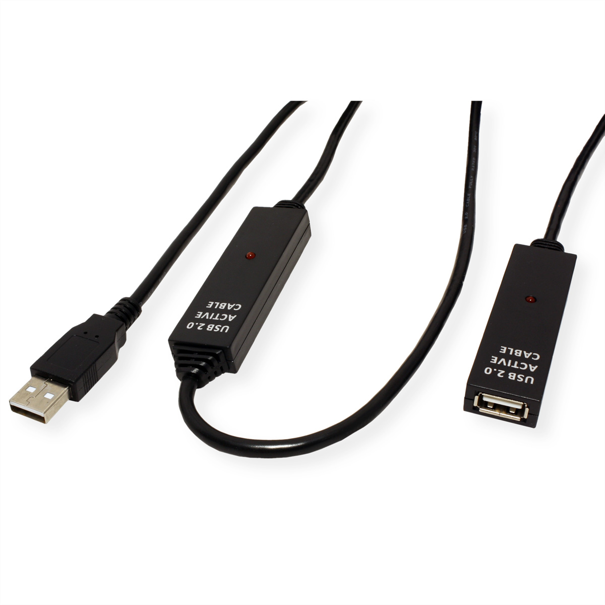 Câble actif USB 2.0 avec connecteur USB-A et USB-B, avec une unité centrale noire.