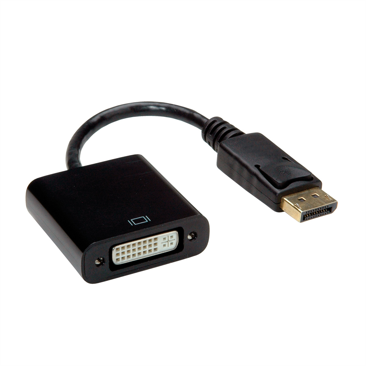 Czarny kabel adaptera DVI do DisplayPort na białym tle. Złącza.
