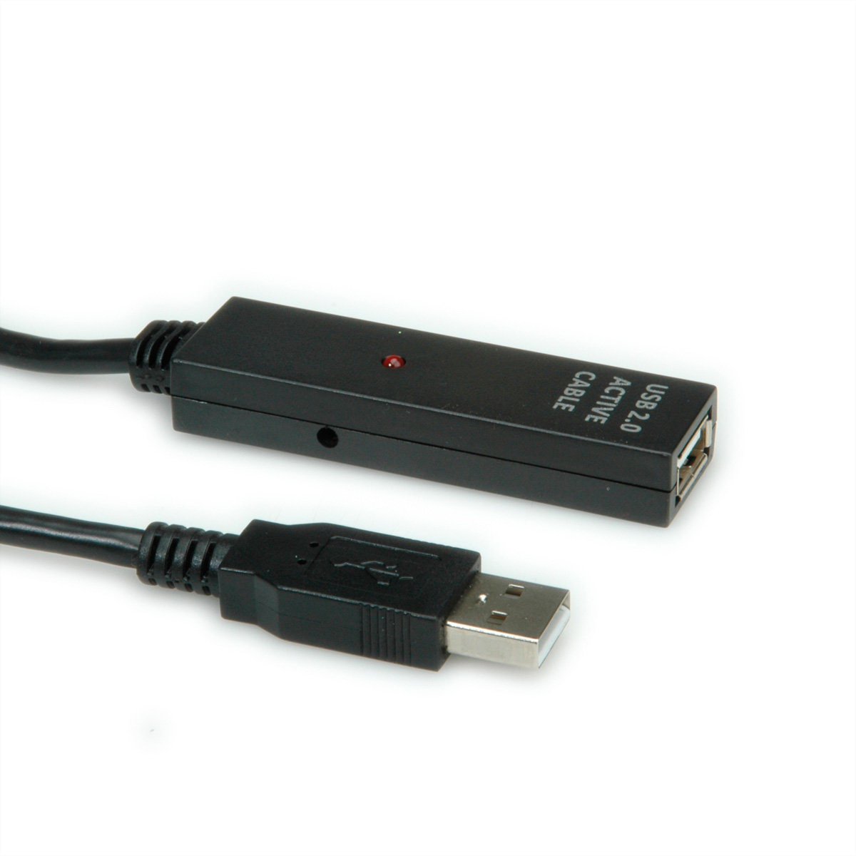 Câble actif USB 2.0 noir avec un connecteur USB-A à une extrémité et un port USB-A à l'autre.