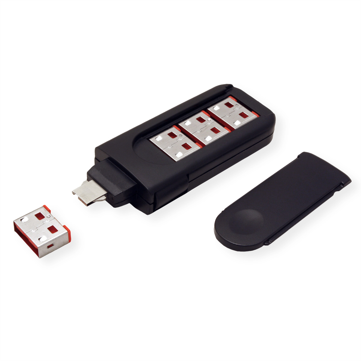 Schwarzer USB-Stick mit Micro-USB-Adapter und mehreren roten Speicherkartensteckplätzen.