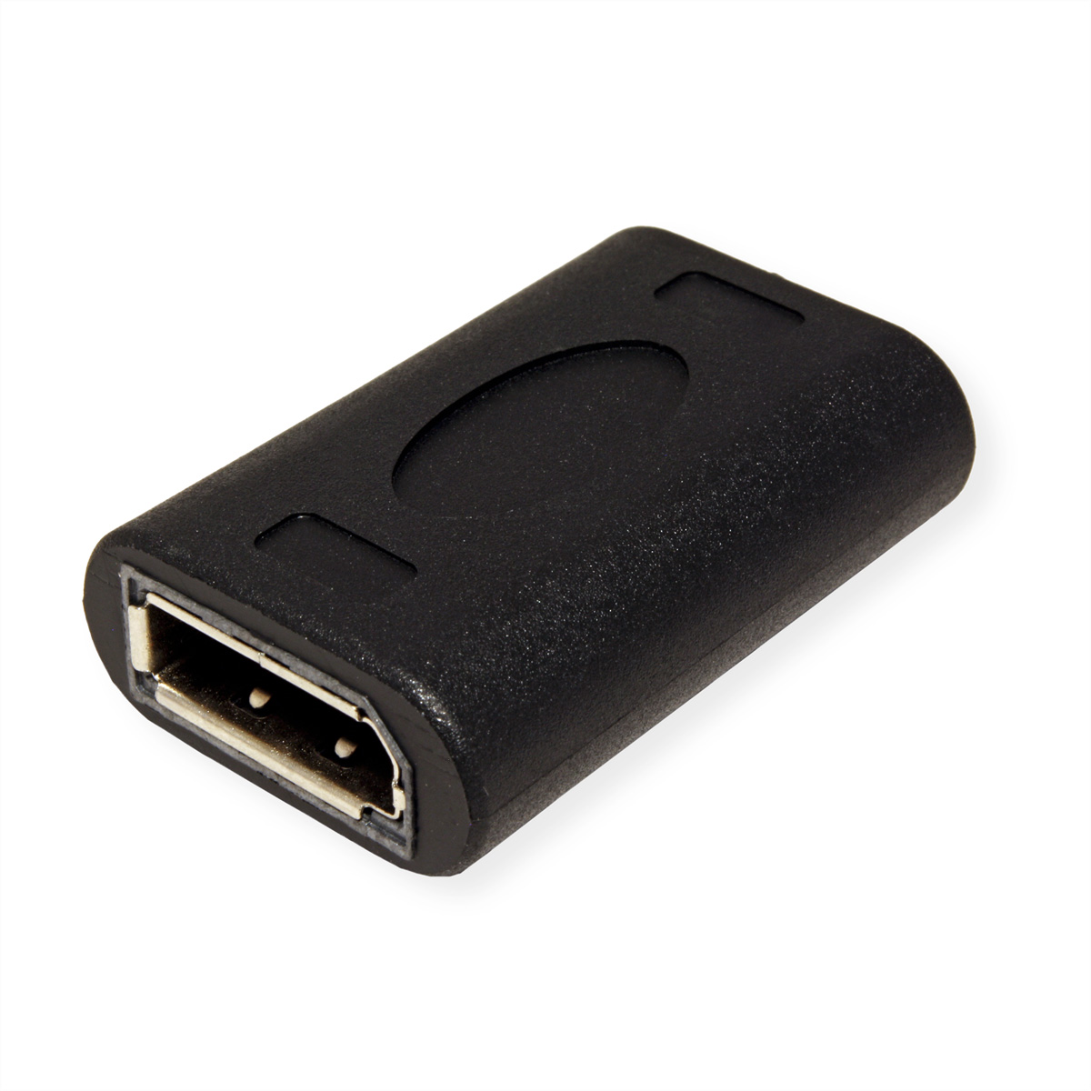Ein schwarzer Adapter mit DisplayPort und schwarzem Gehäuse. Auf weißem Hintergrund.