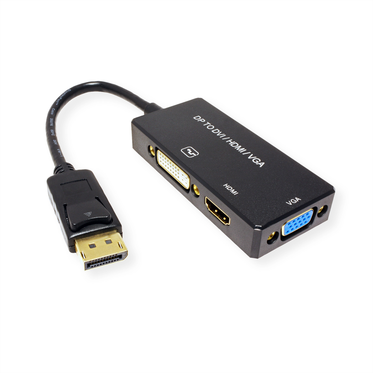 Ein schwarzer DP-zu-DVI/HDMI/VGA-Adapter mit Anschlüssen für jeden Typ und einem schwarzen Kabel.
