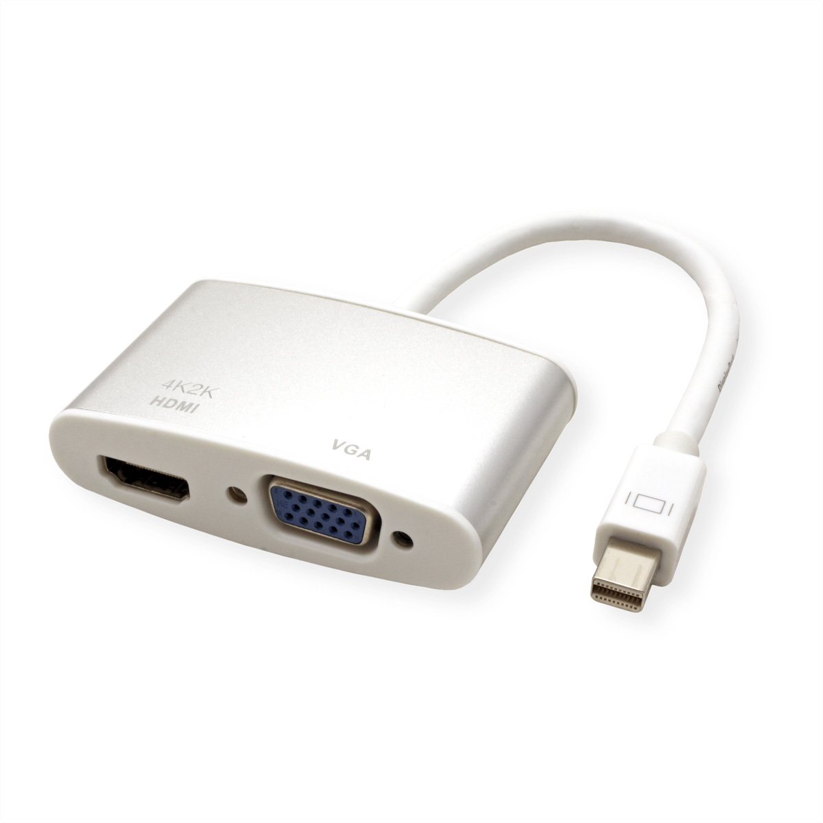 Adaptateur HDMI vers VGA argenté avec un court câble blanc et un connecteur USB-C.