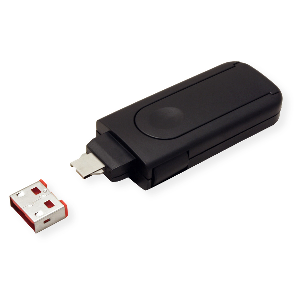 Ein schwarzer USB-Stick mit einem rot-silbernen Anschluss.
