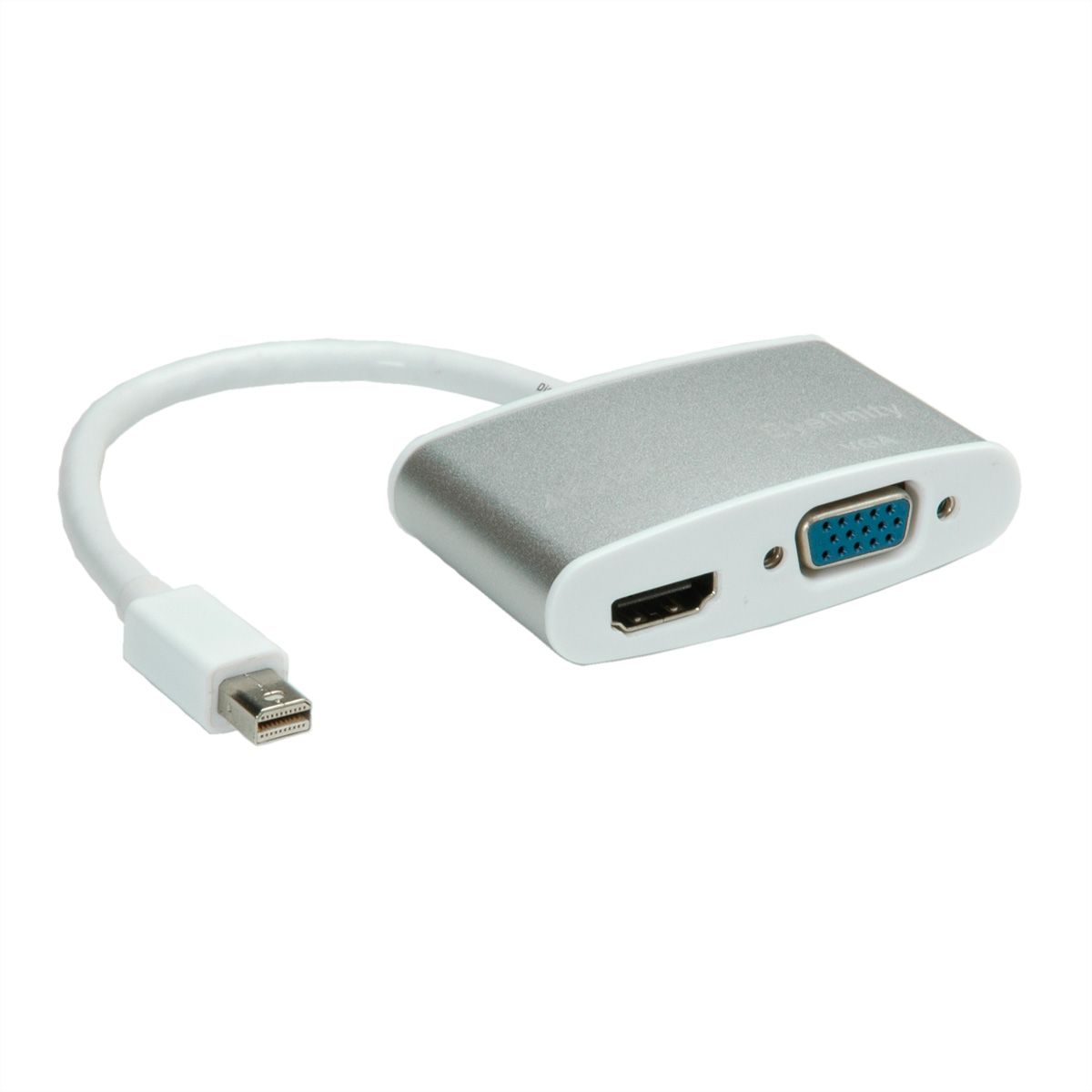 Adaptateur argenté avec mini DisplayPort et connecteurs HDMI/VGA. Fond blanc.
