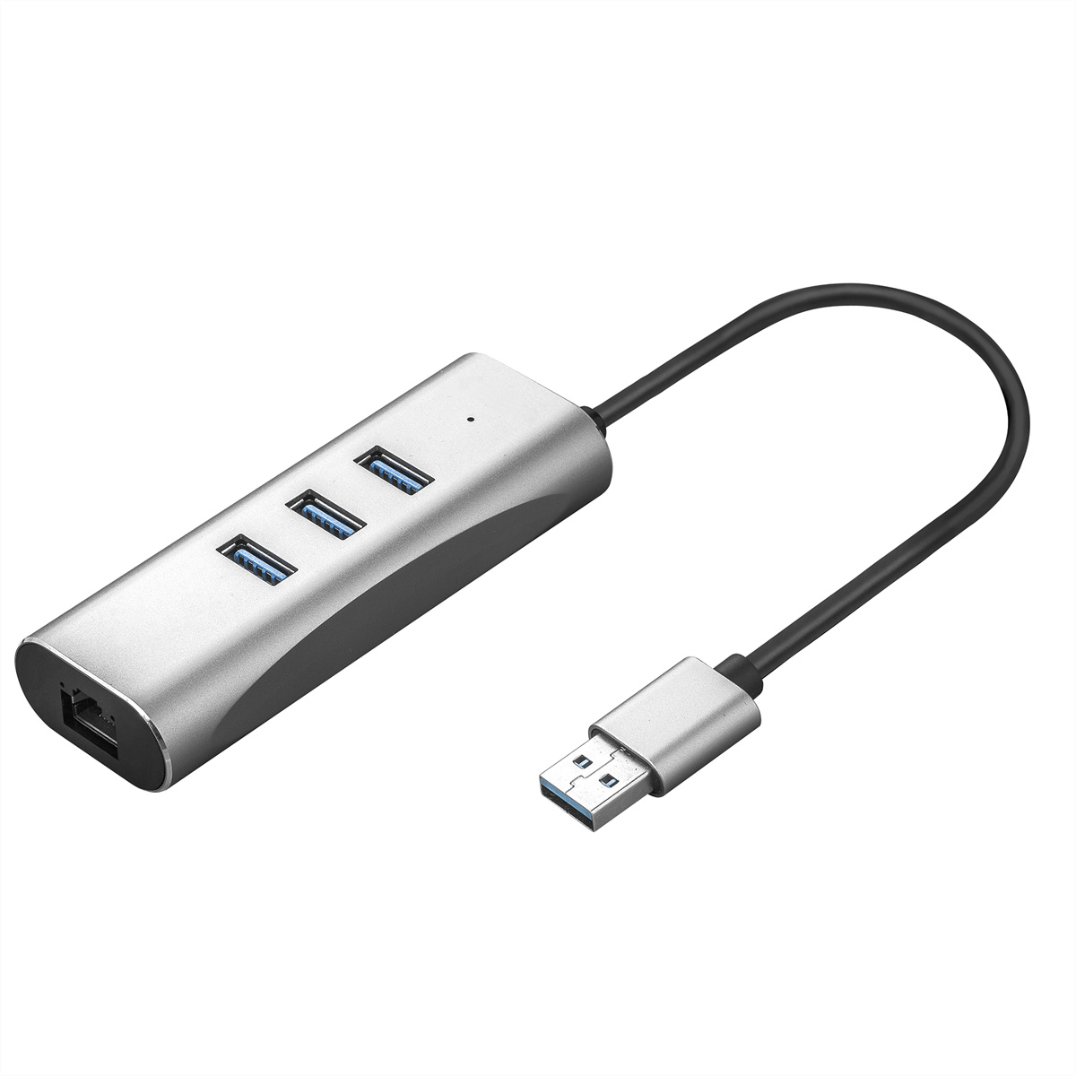 Hub USB argenté avec 3 ports USB et un câble USB sur fond blanc.