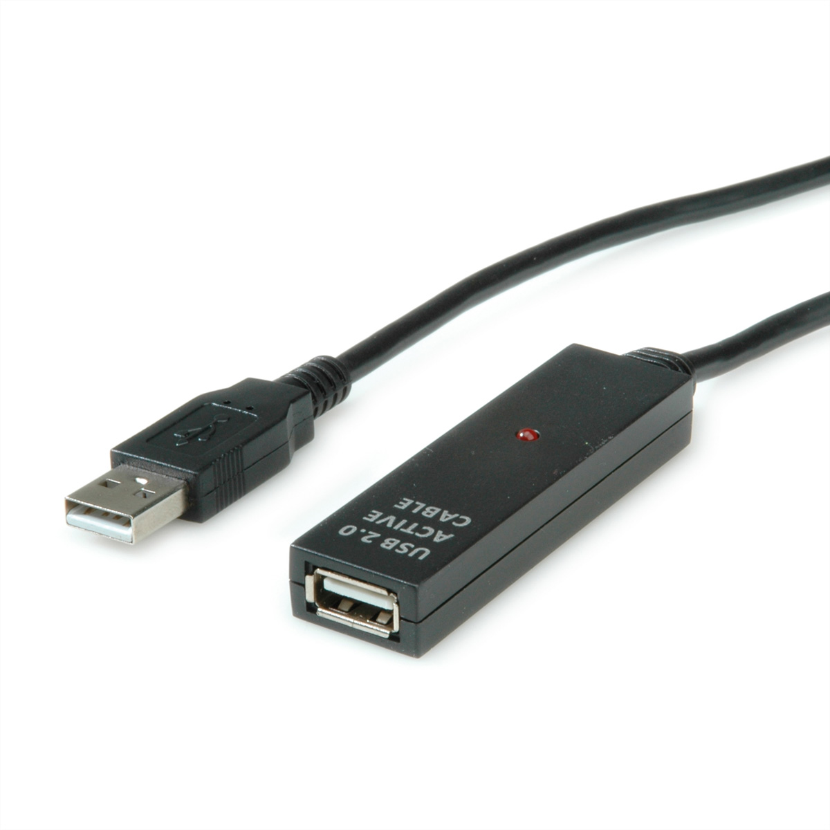 Câble actif USB 2.0 noir. Possède un connecteur USB-A et un port USB-A avec voyant lumineux.