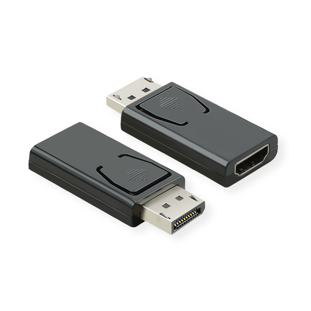 Schwarzer DisplayPort-zu-HDMI-Adapter, zwei Einheiten nebeneinander auf weißem Hintergrund.
