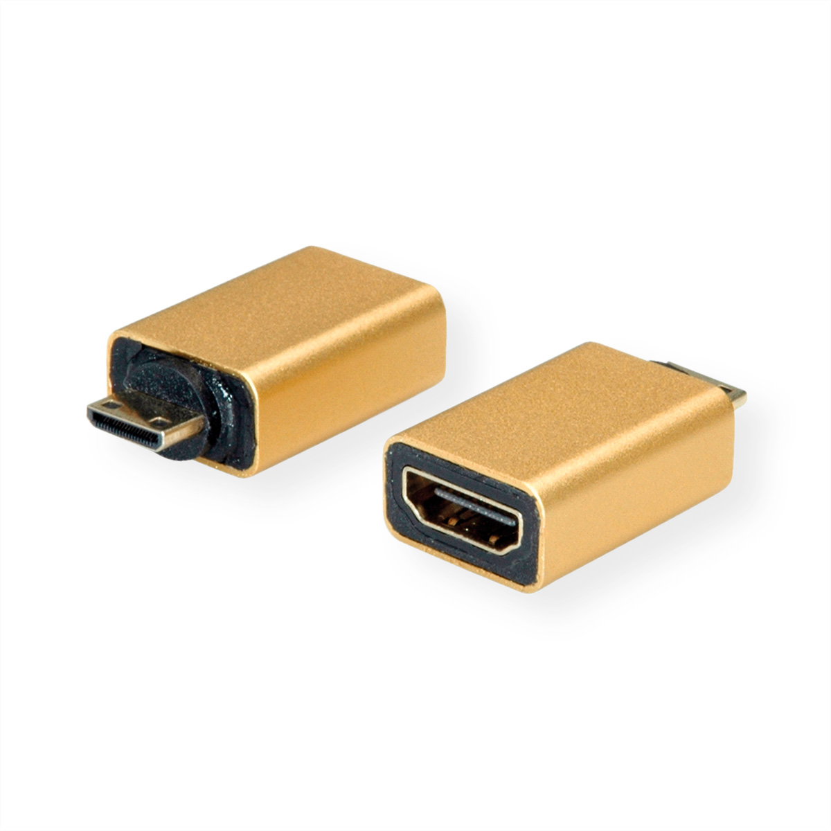Zwei goldene HDMI-Adapter, einer mit sichtbarem Anschluss.