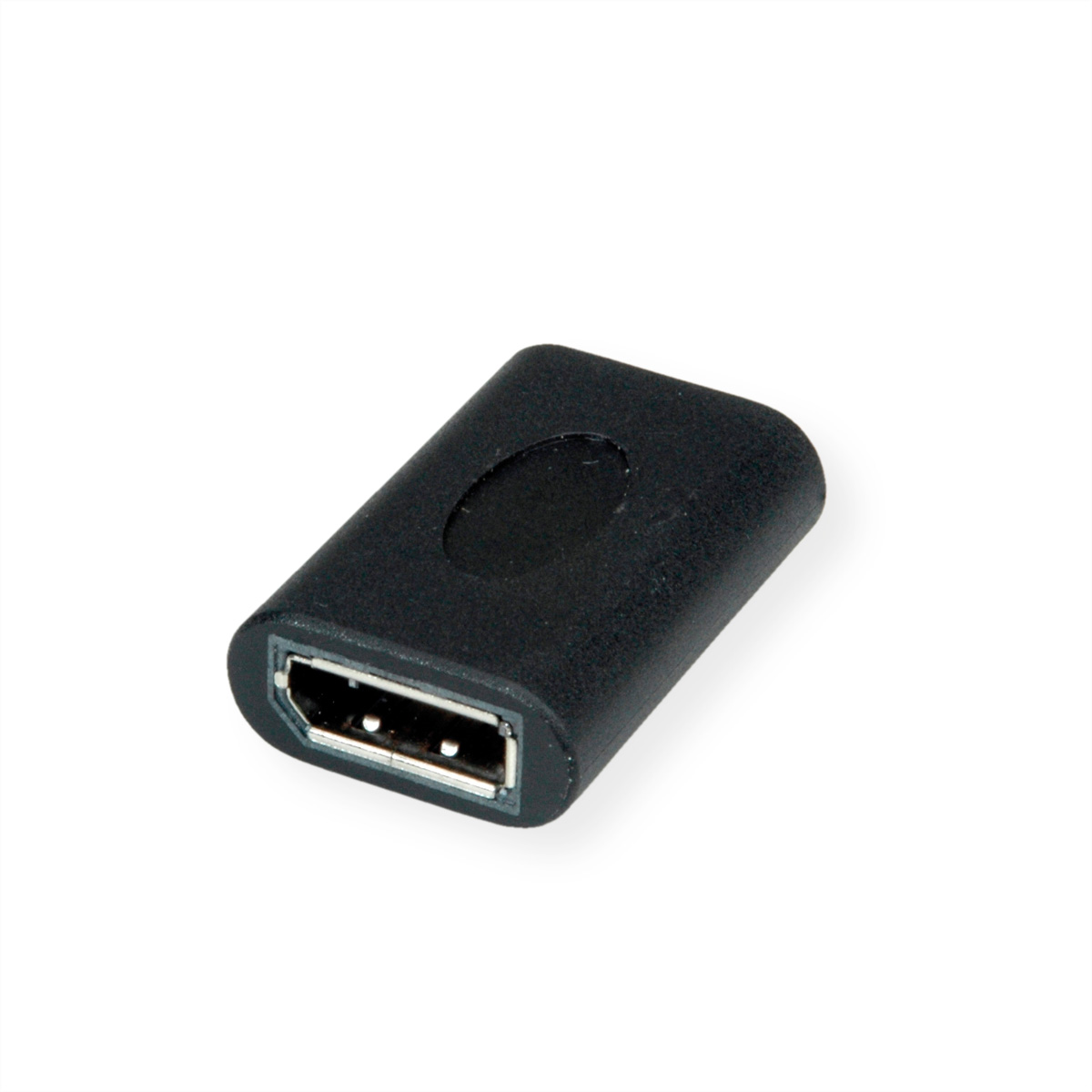 Ein schwarzer DisplayPort-zu-USB-C-Adapter. Er hat einen DisplayPort- und einen USB-C-Anschluss.