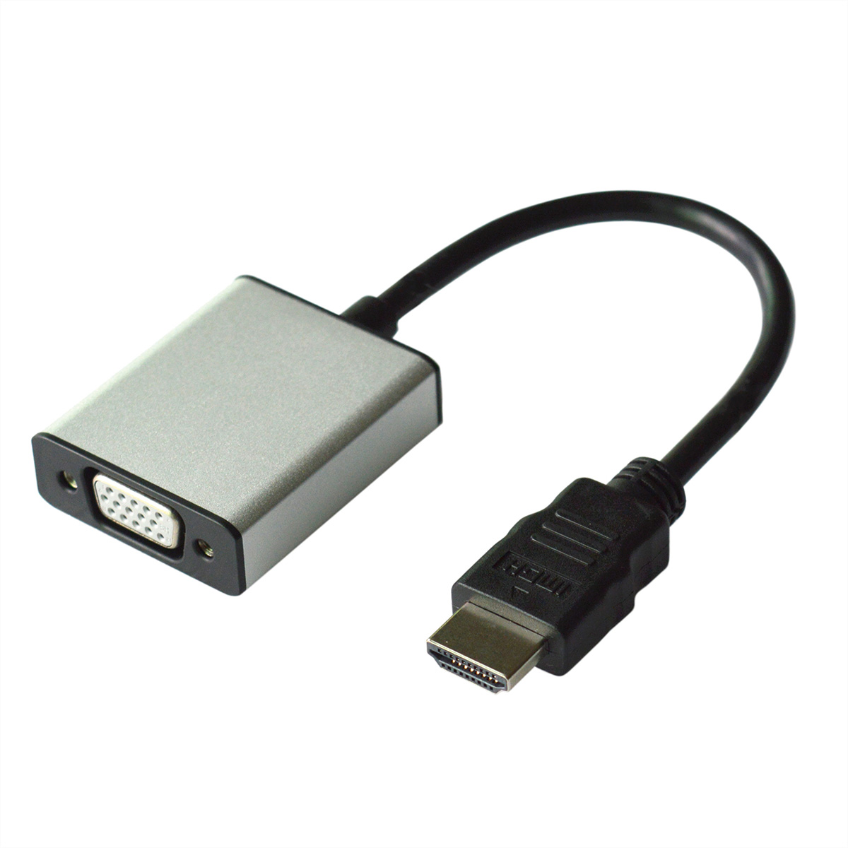 Adapter HDMI na VGA ze srebrną prostokątną obudową i czarnym kablem.