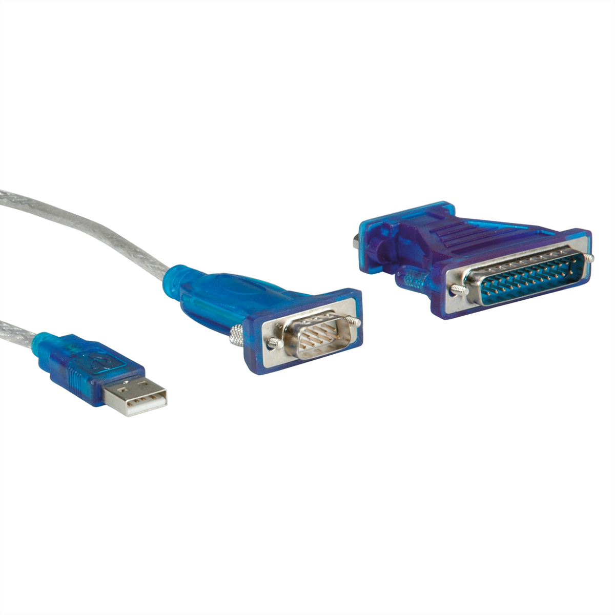 Blauwe USB naar seriële kabel met connectoren op een witte achtergrond.