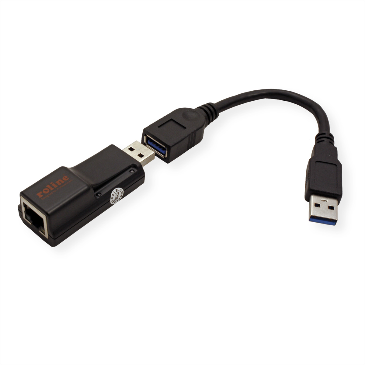 Adaptateur USB vers Ethernet noir. Port USB à une extrémité, port Ethernet à l'autre, reliés par un court câble.