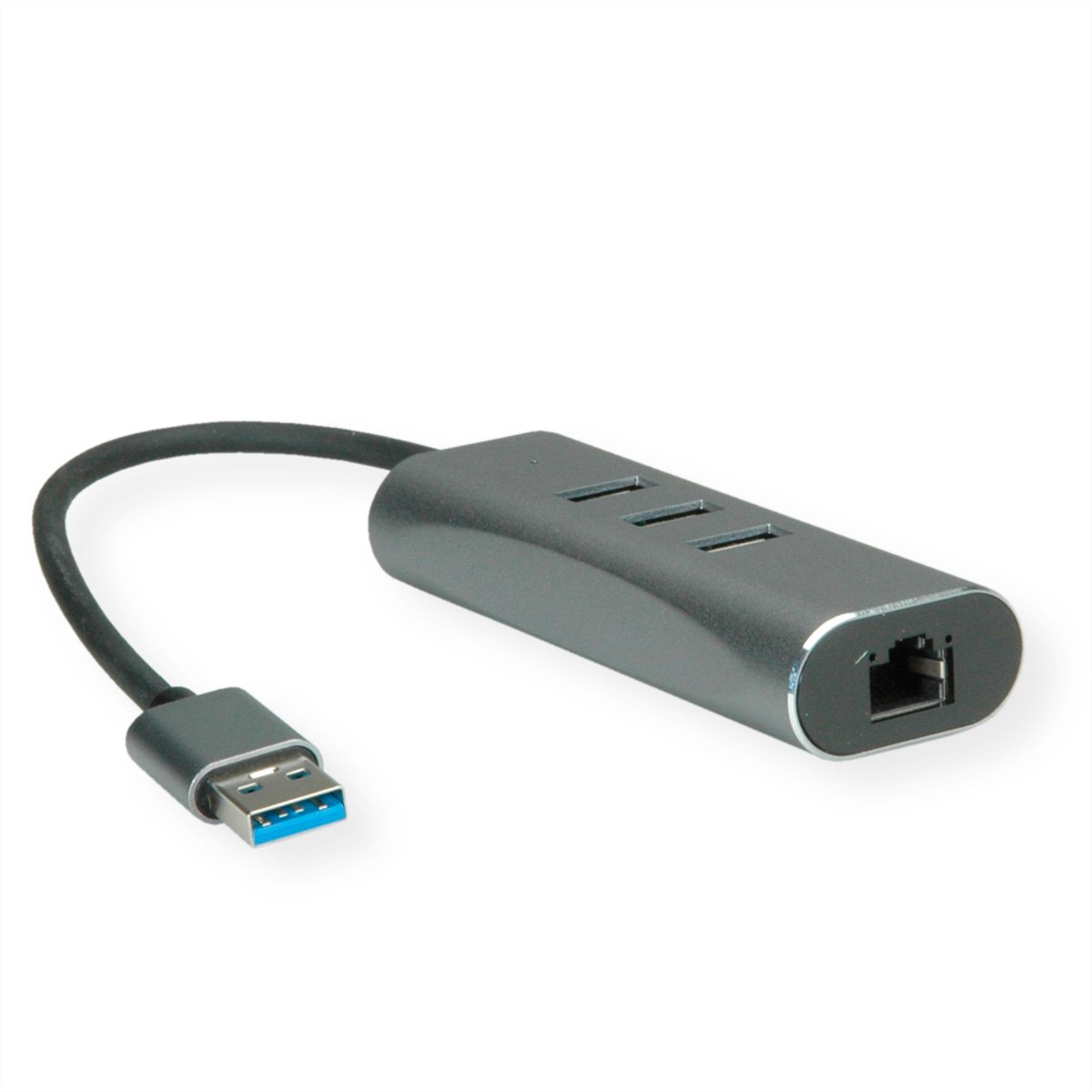 Zilveren USB-hub met drie USB-poorten, een Ethernet-poort en een USB-kabel.