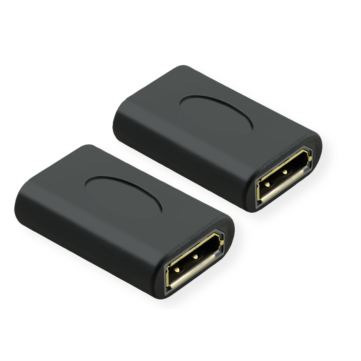 Zwei schwarze DisplayPort-Adapter, Stecker-zu-Stecker, auf weißem Hintergrund.