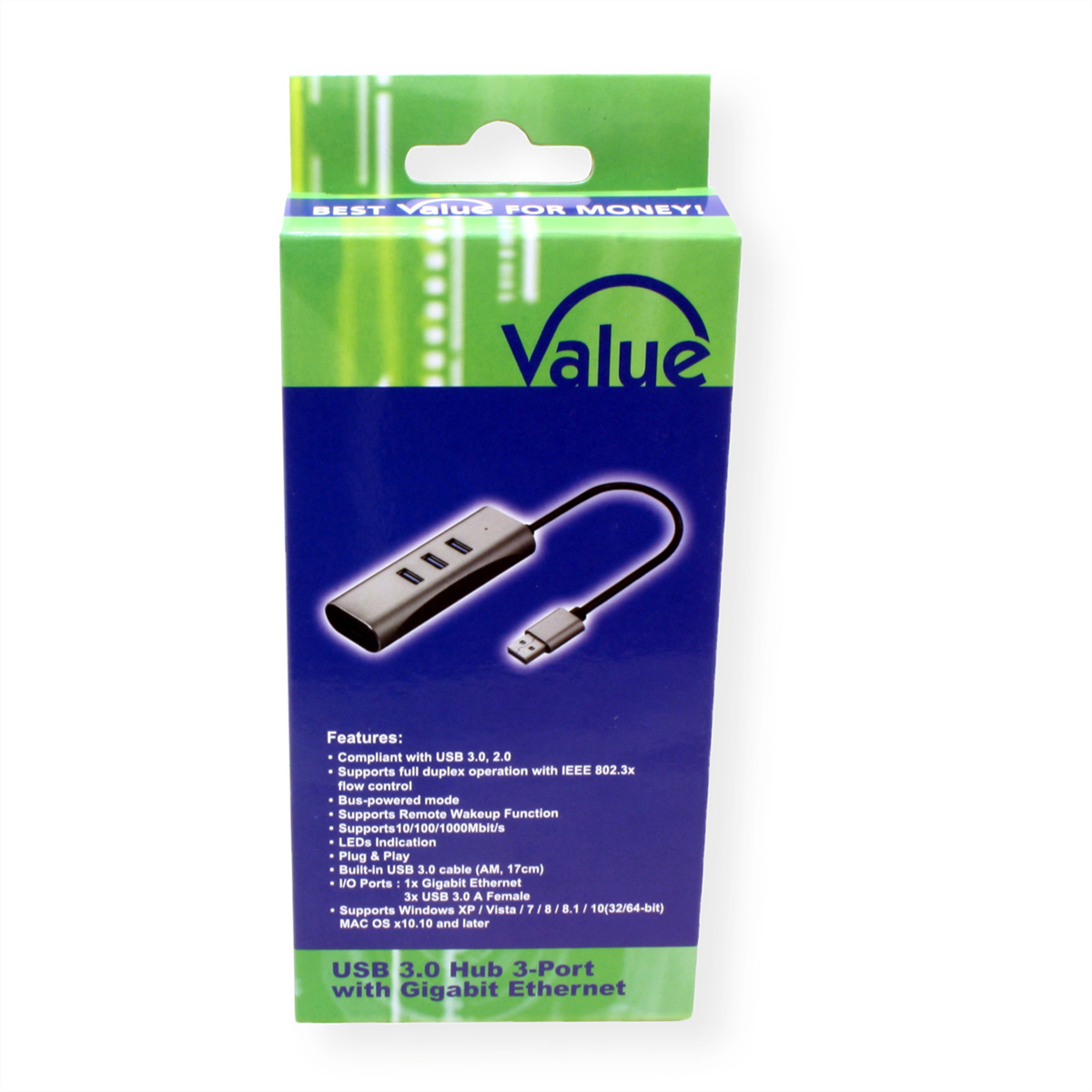 USB 3.0-hub met zwarte kabel, op een blauwe en groene doos. Bevat functies en waarde-informatie.