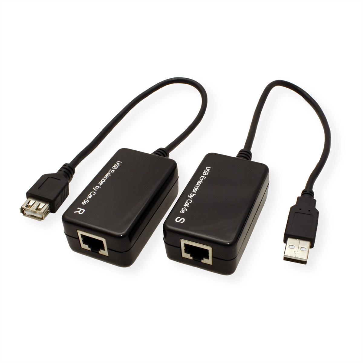 Zwei schwarze USB-Extender mit RJ45-Anschlüssen und USB-Anschlüssen. Sie sind beschriftet.
