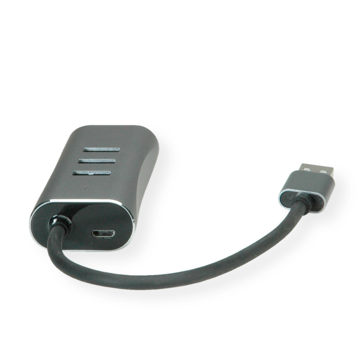 Hub USB noir avec trois ports USB et une entrée USB-C, connecté à un câble USB noir.