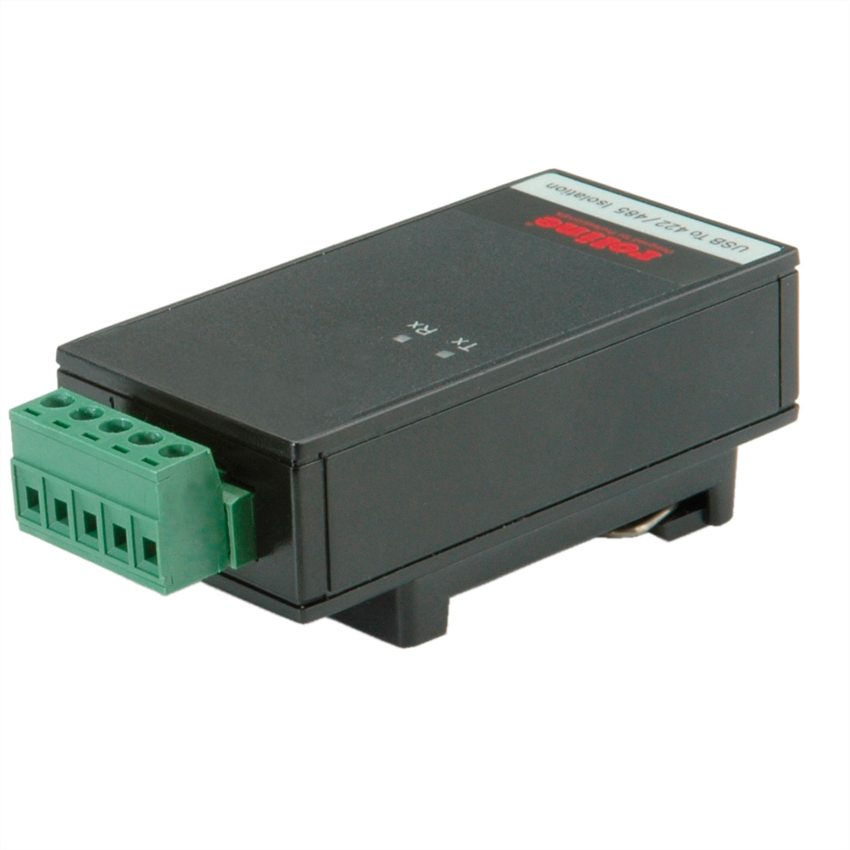 Schwarzes elektronisches Gerät mit grünen Anschlüssen, beschriftet mit USB-zu-422/485-Isolation.