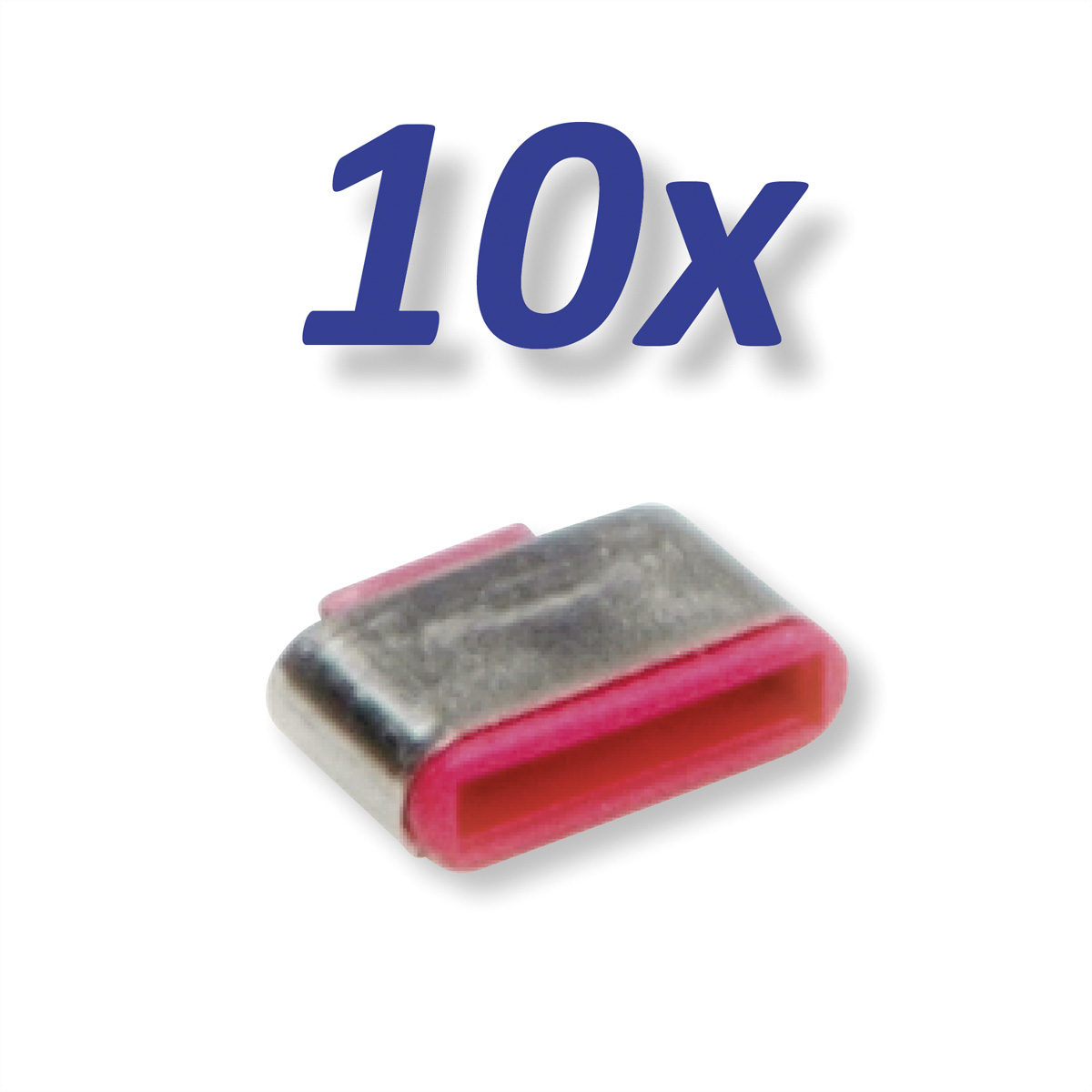 Ein kleiner Metallclip mit rosa Innenfutter und der Zahl '10x' darüber.