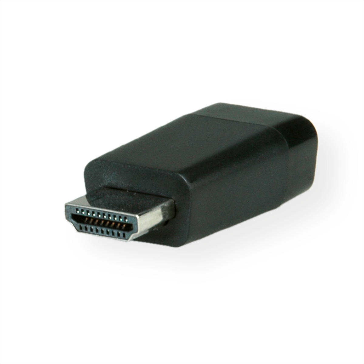 Schwarzer HDMI-Adapter auf weißem Hintergrund.
