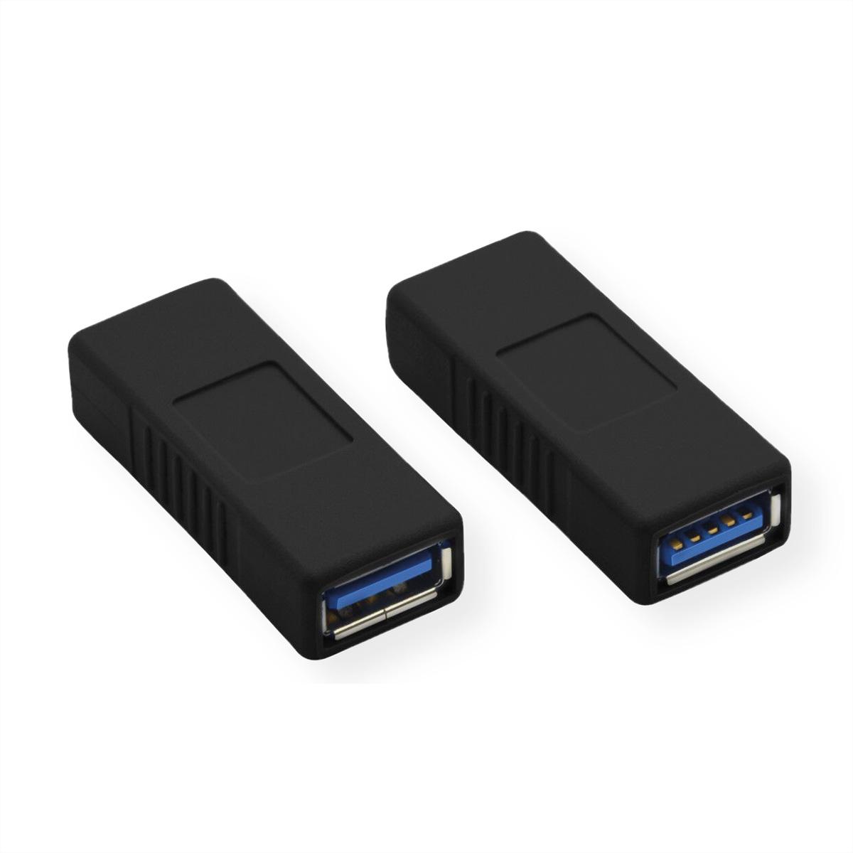 Zwei schwarze USB-Adapter mit USB-A-Buchse und USB-A-Stecker auf weißem Hintergrund.