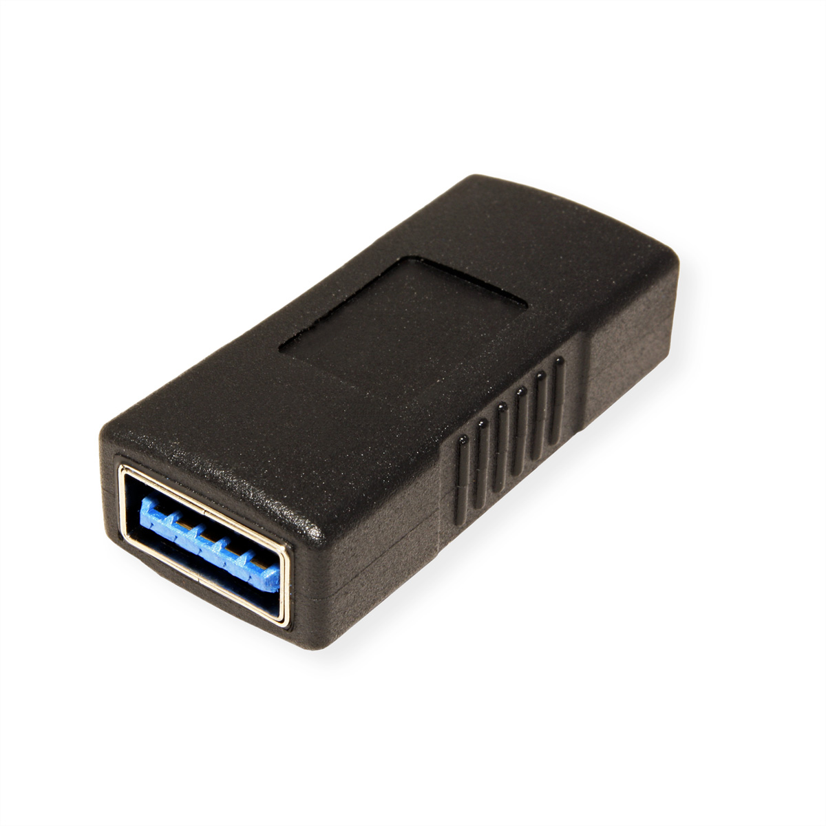 Ein schwarzer USB 3.0-Adapter mit blauem Anschluss, auf weißem Grund.