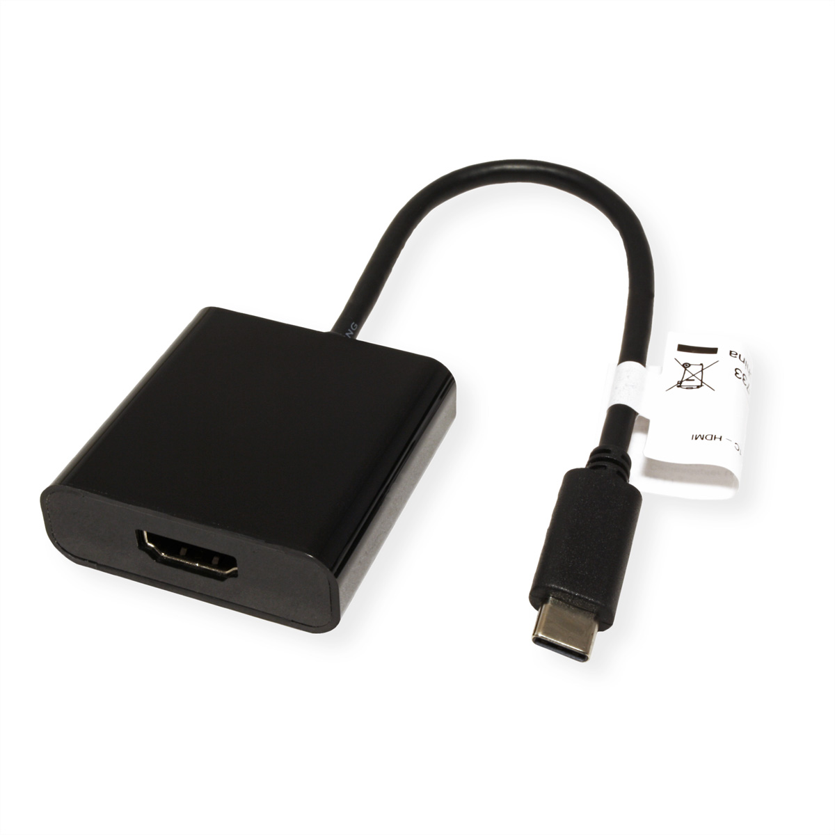 Zwarte HDMI naar USB-C adapterkabel met een label eraan.