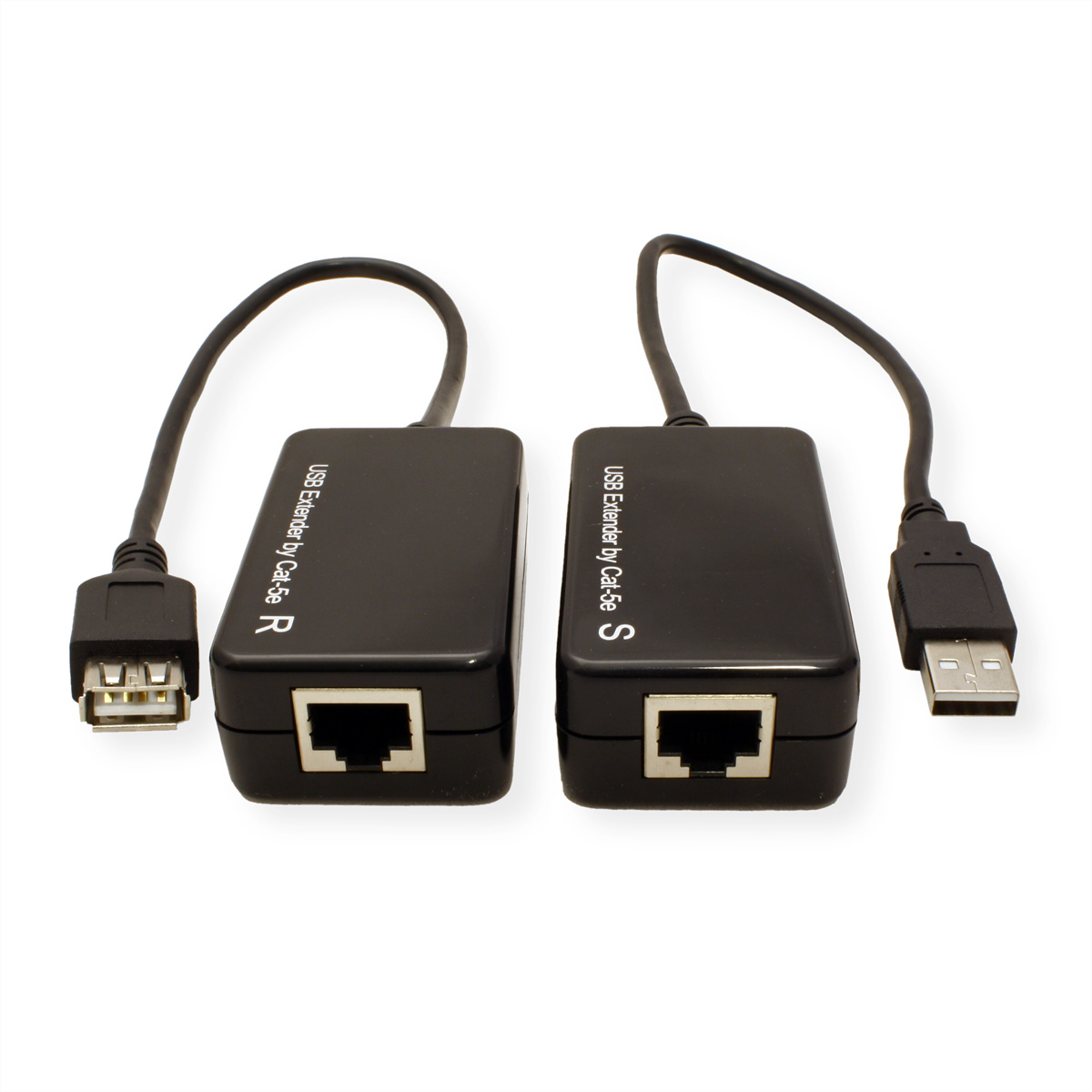 Zwei schwarze USB-Verlängerungen mit einem RJ45-Anschluss. Weißer Hintergrund.