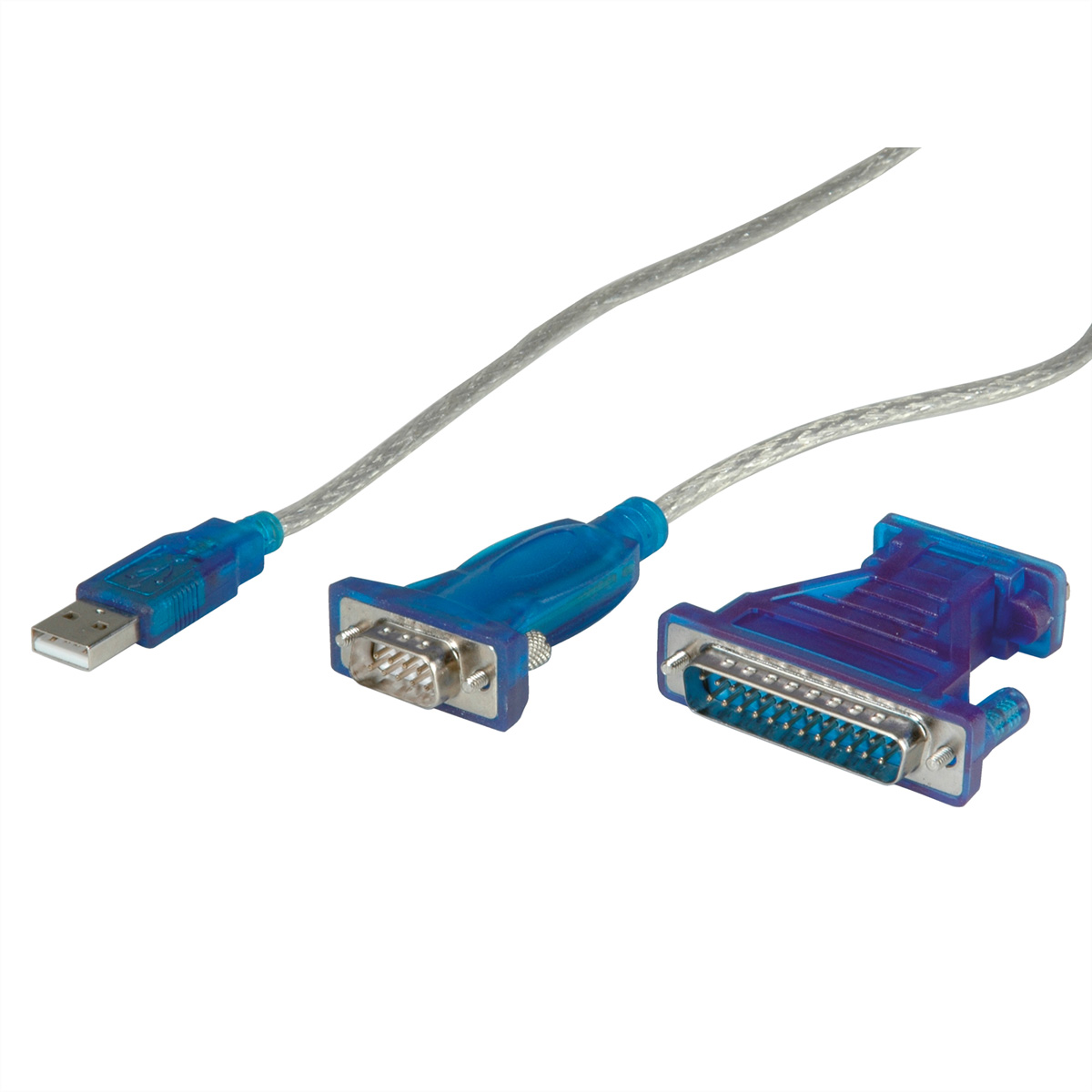 Blauwe USB naar seriële poort adapterkabel met USB-, seriële en parallelle connectoren.