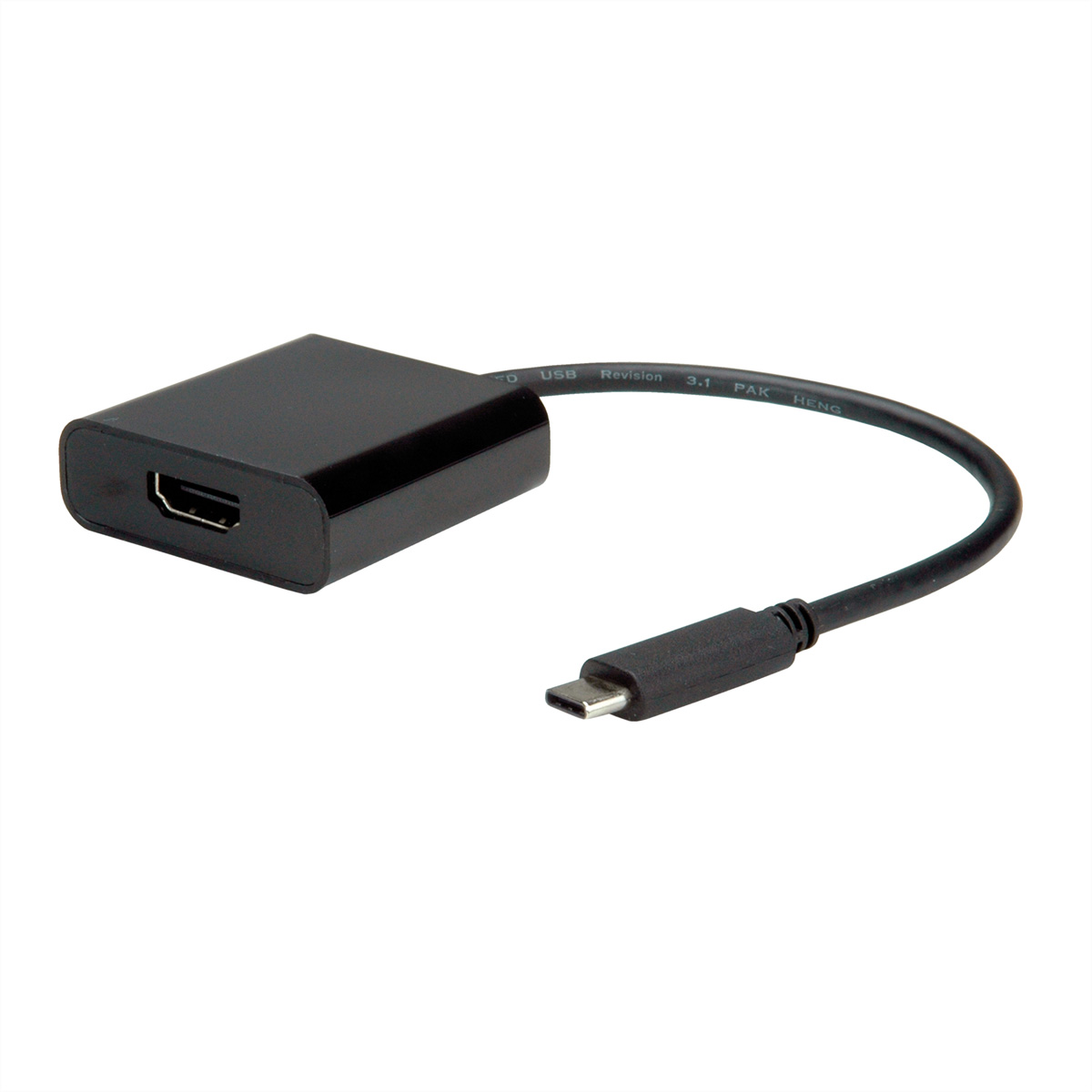 Zwarte USB-C naar HDMI adapterkabel. Witte achtergrond.