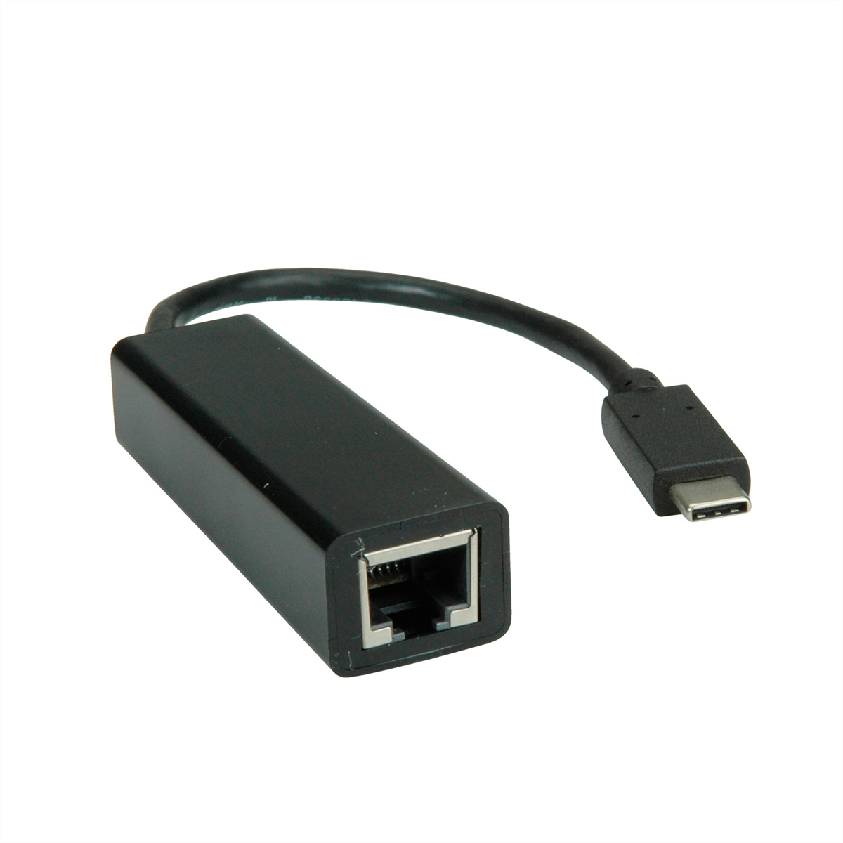 Zwarte Ethernet-adapter met USB-C-connector en zwarte kabel op een witte achtergrond.