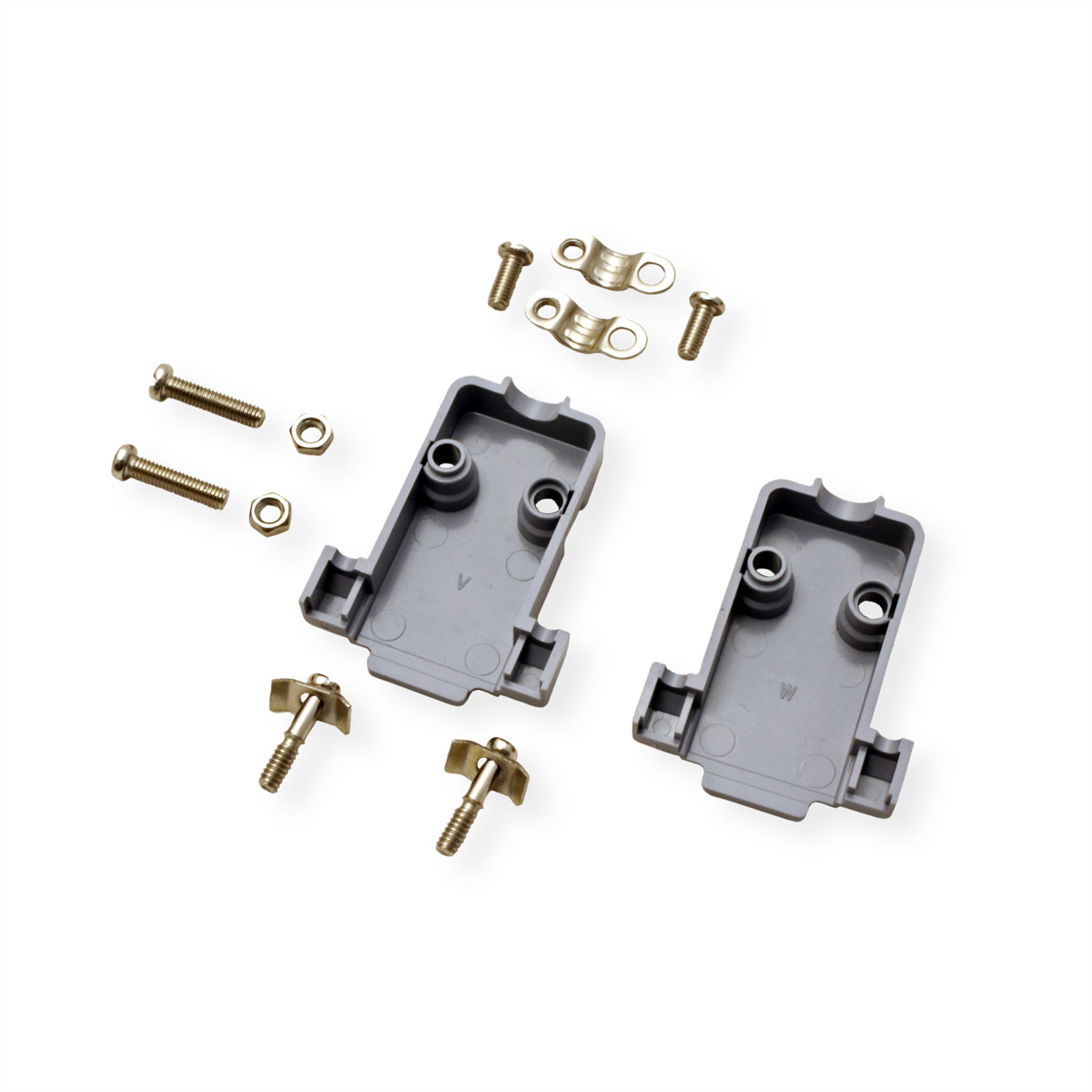 Zwei graue Steckergehäuse und Hardware (Schrauben und Muttern) auf weißem Hintergrund.