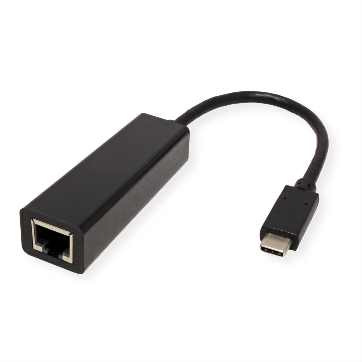 Zwarte USB-C naar ethernet adapter op witte achtergrond.