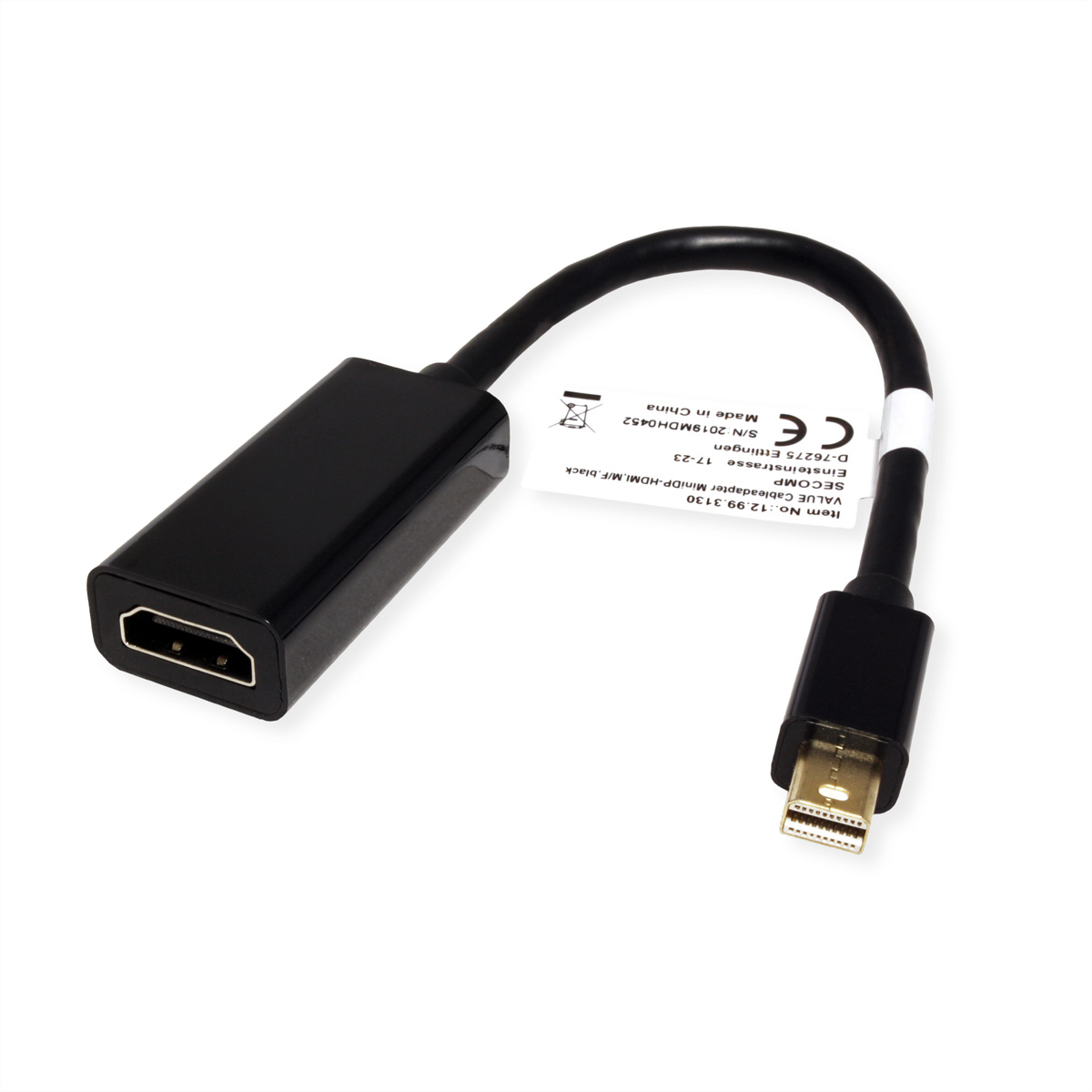 Schwarzer HDMI-zu-Mini-DisplayPort-Adapter mit weißem Etikett mit Text.