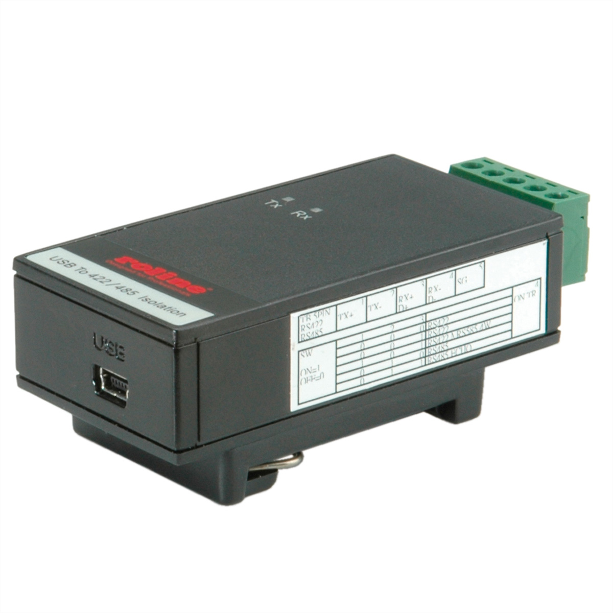 Ein schwarzer USB-zu-RS422/485-Isolationsadapter mit USB-Anschluss und Klemmenblock. Aufschrift: "USB To 422/485 Isolation."