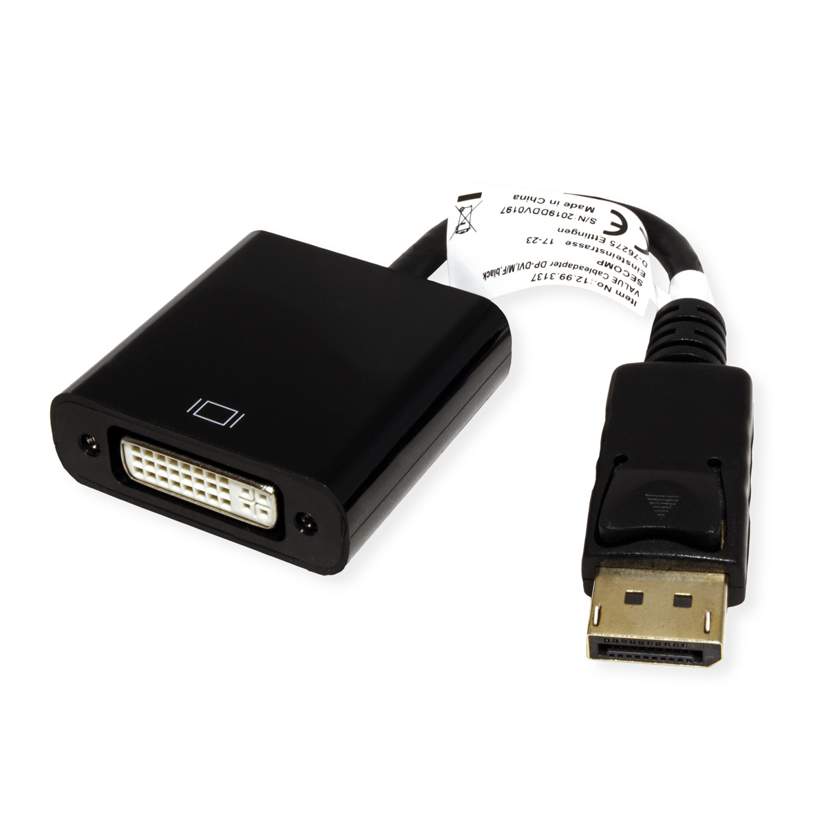 Czarny adapter ze złączami DVI i DisplayPort. Białe tło.