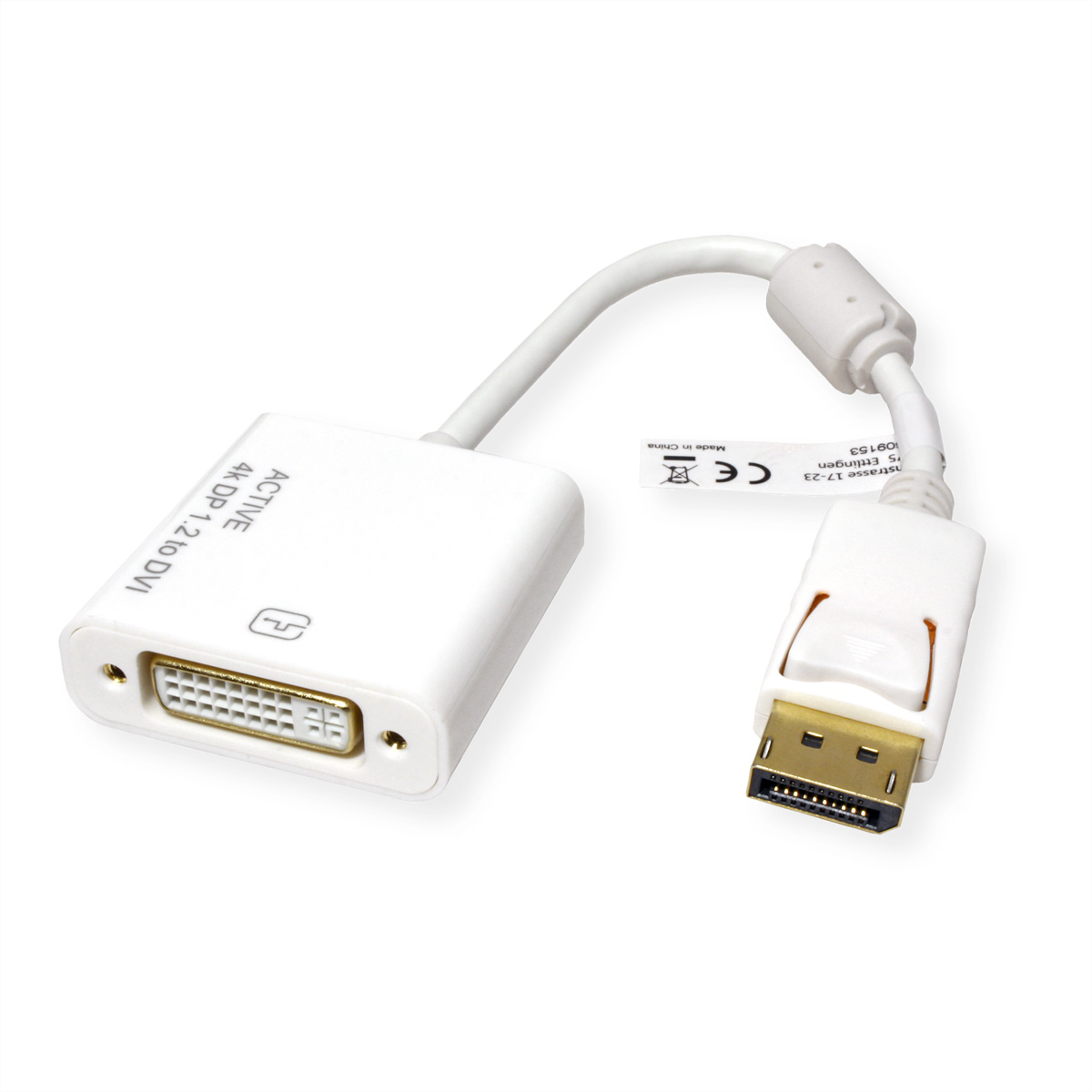 Witte DisplayPort naar DVI adapterkabel op witte achtergrond.