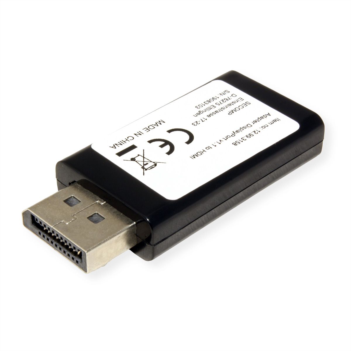 Ein schwarzer DisplayPort-zu-HDMI-Adapter mit Text und einem silbernen DisplayPort-Anschluss. Hergestellt in China.