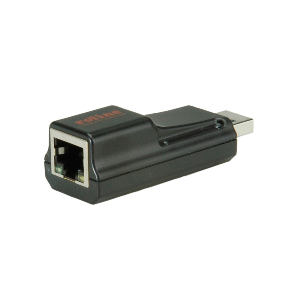 Adaptateur Ethernet vers USB Roline noir, isolé sur blanc.