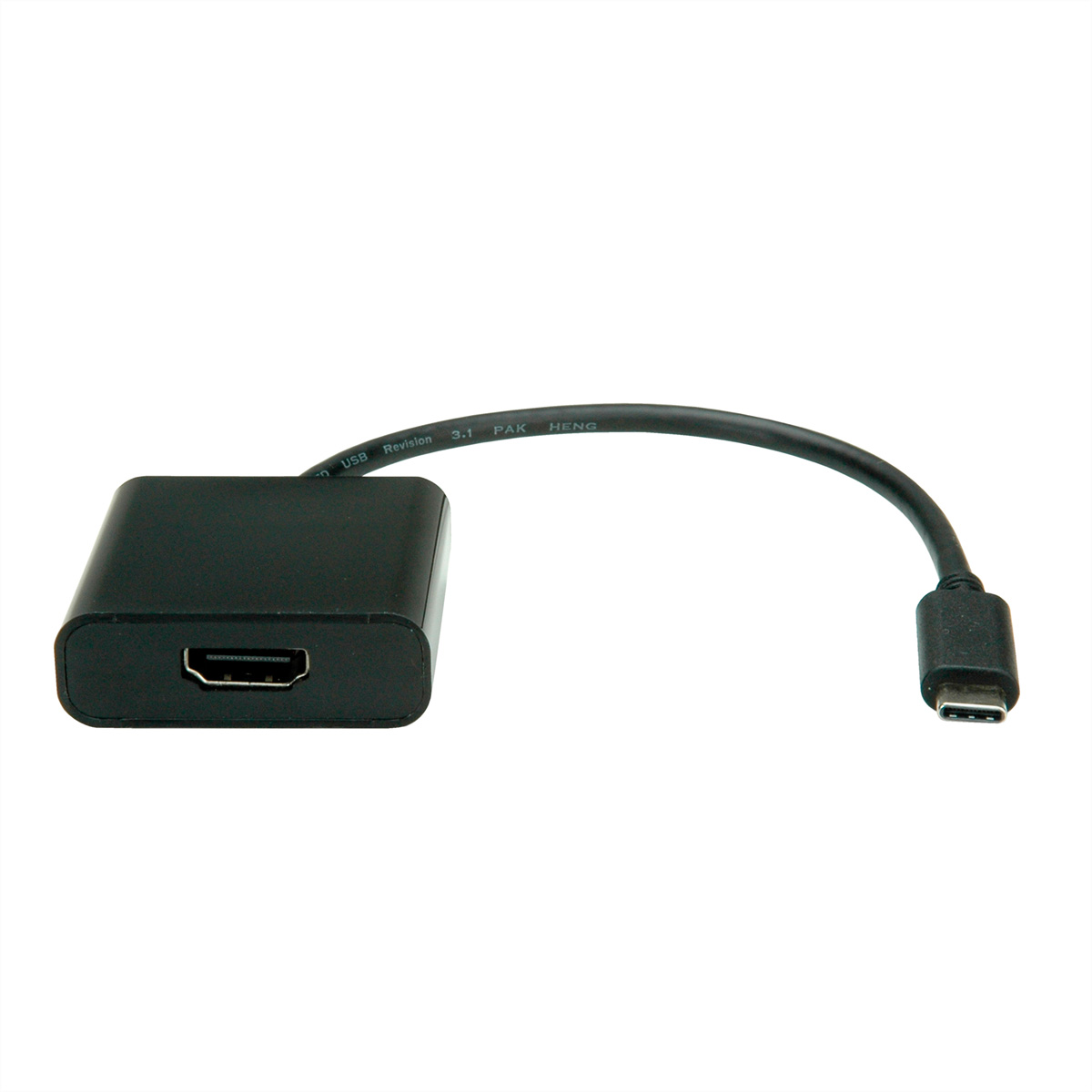 Zwarte HDMI naar USB-C adapterkabel, geïsoleerd op witte achtergrond.
