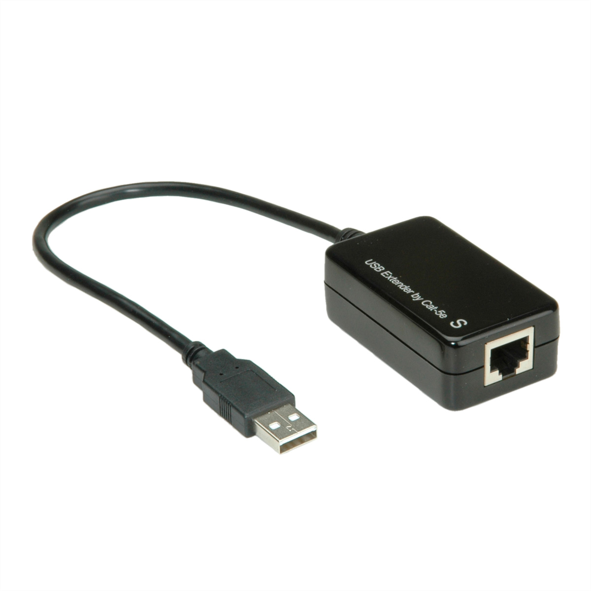 Schwarzer USB-Extender mit USB-Anschluss und Ethernet-Port.