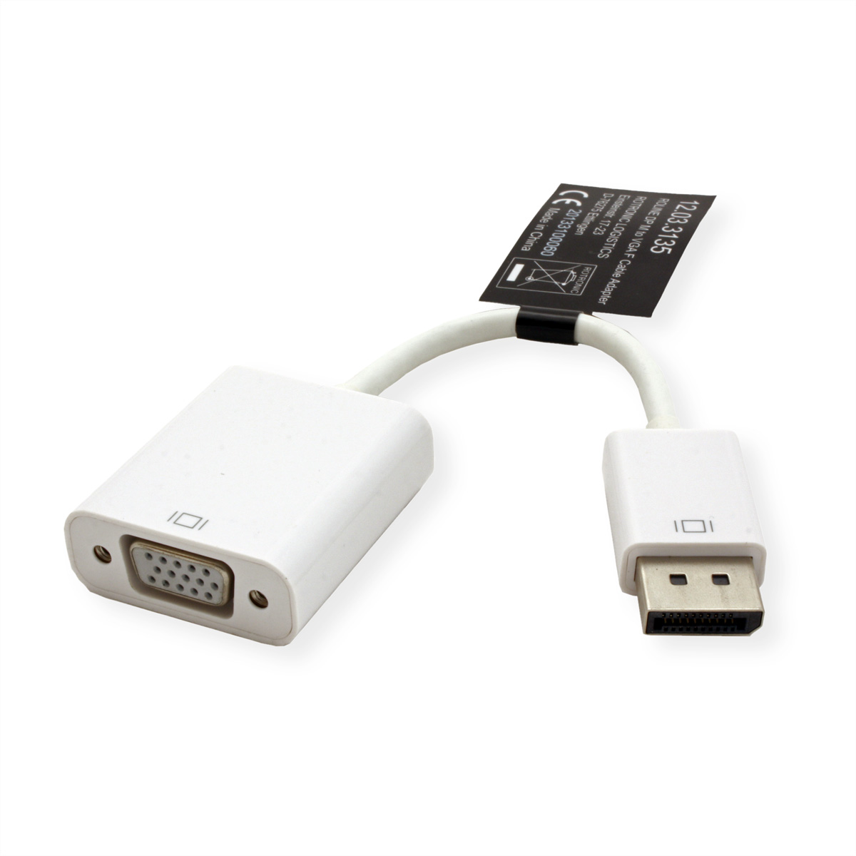 Câble adaptateur DisplayPort vers VGA blanc, avec une étiquette, sur fond blanc.